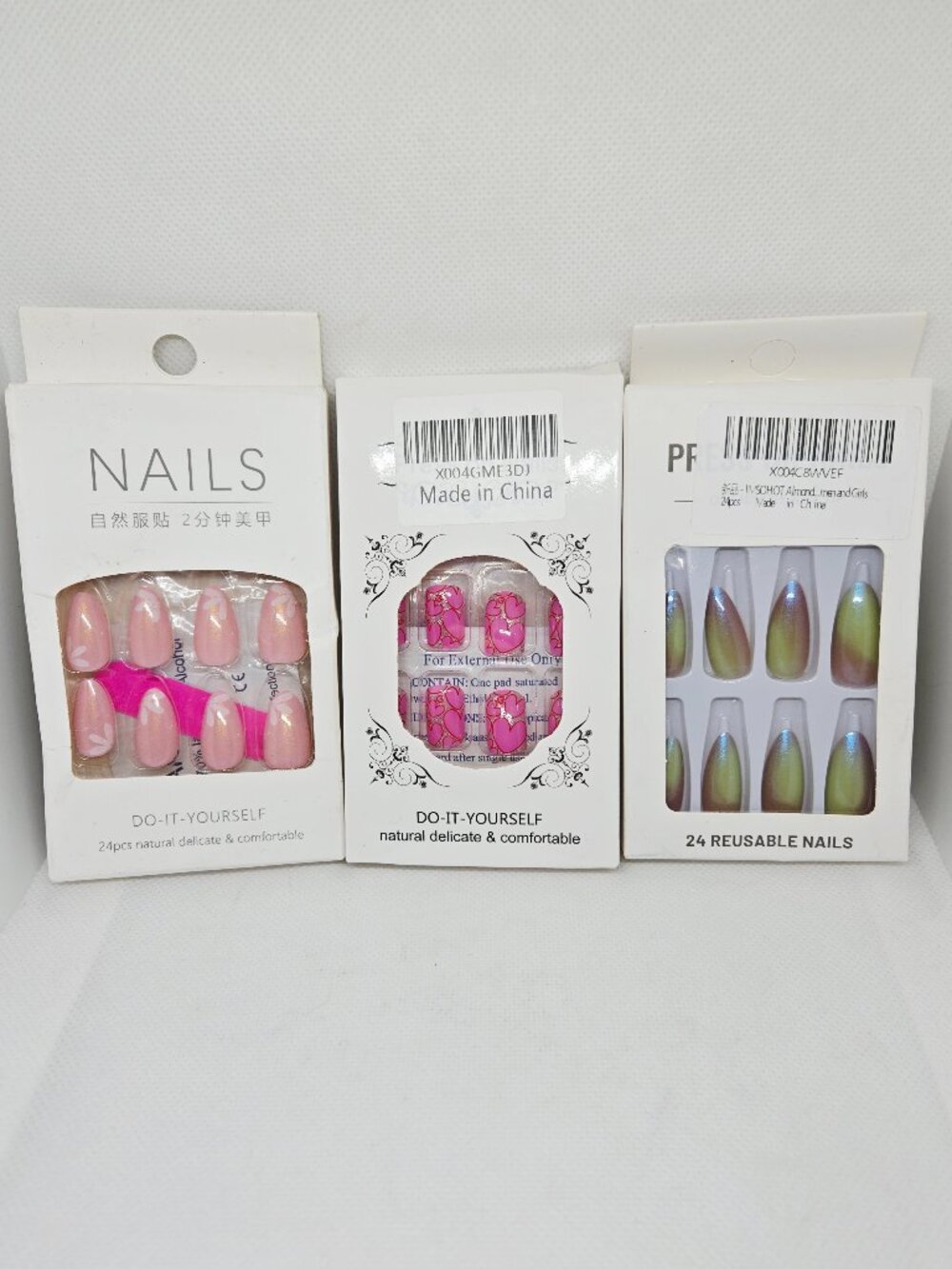 3 BOXES NATURAL PRESS ON NAILS PINK HEARTS, PINK FLORAL & GREEN NIB 72 TOTAL